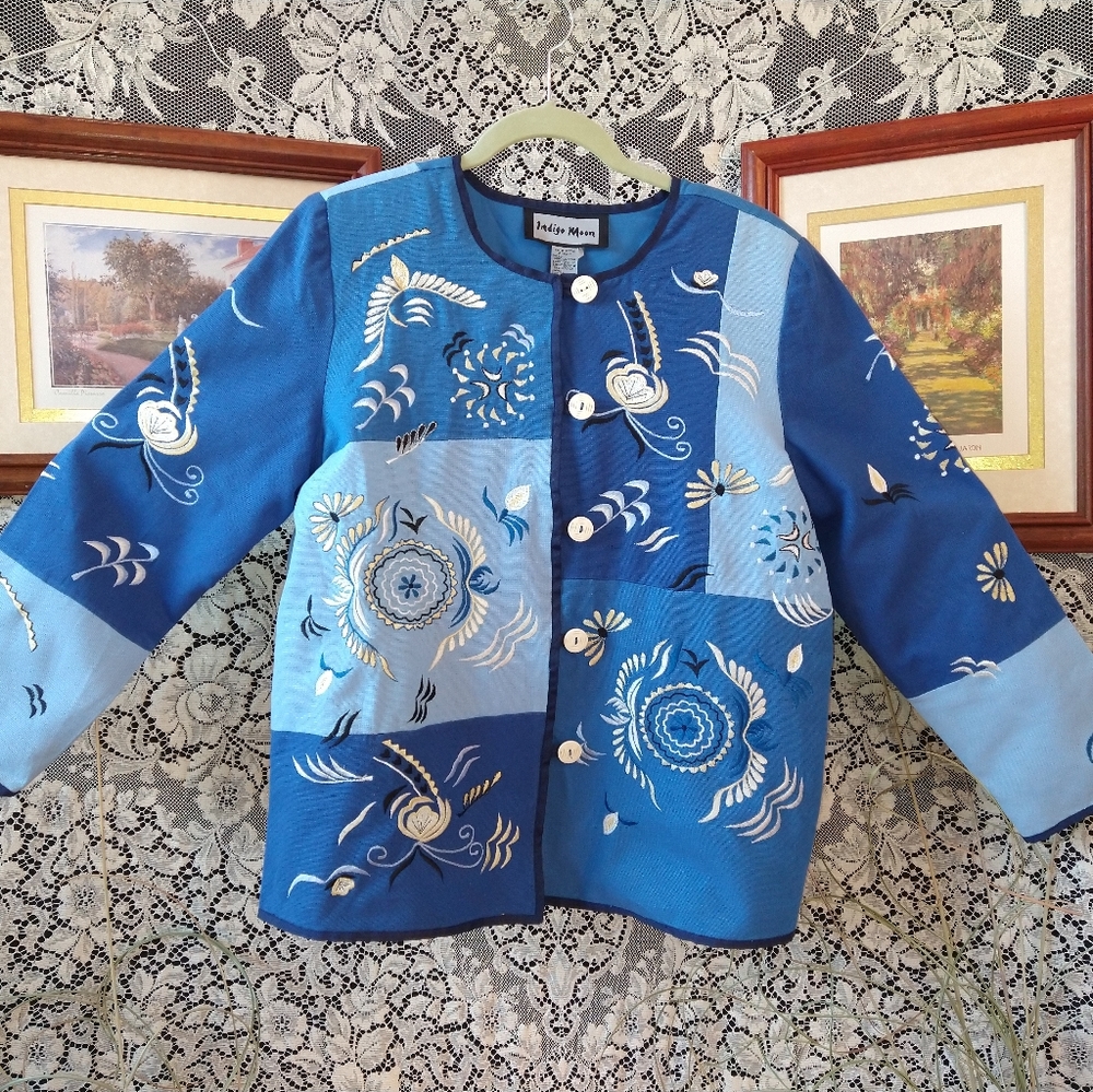 Indigo Moon blue block pattern boho embroidery vintage jacket shoulder pads